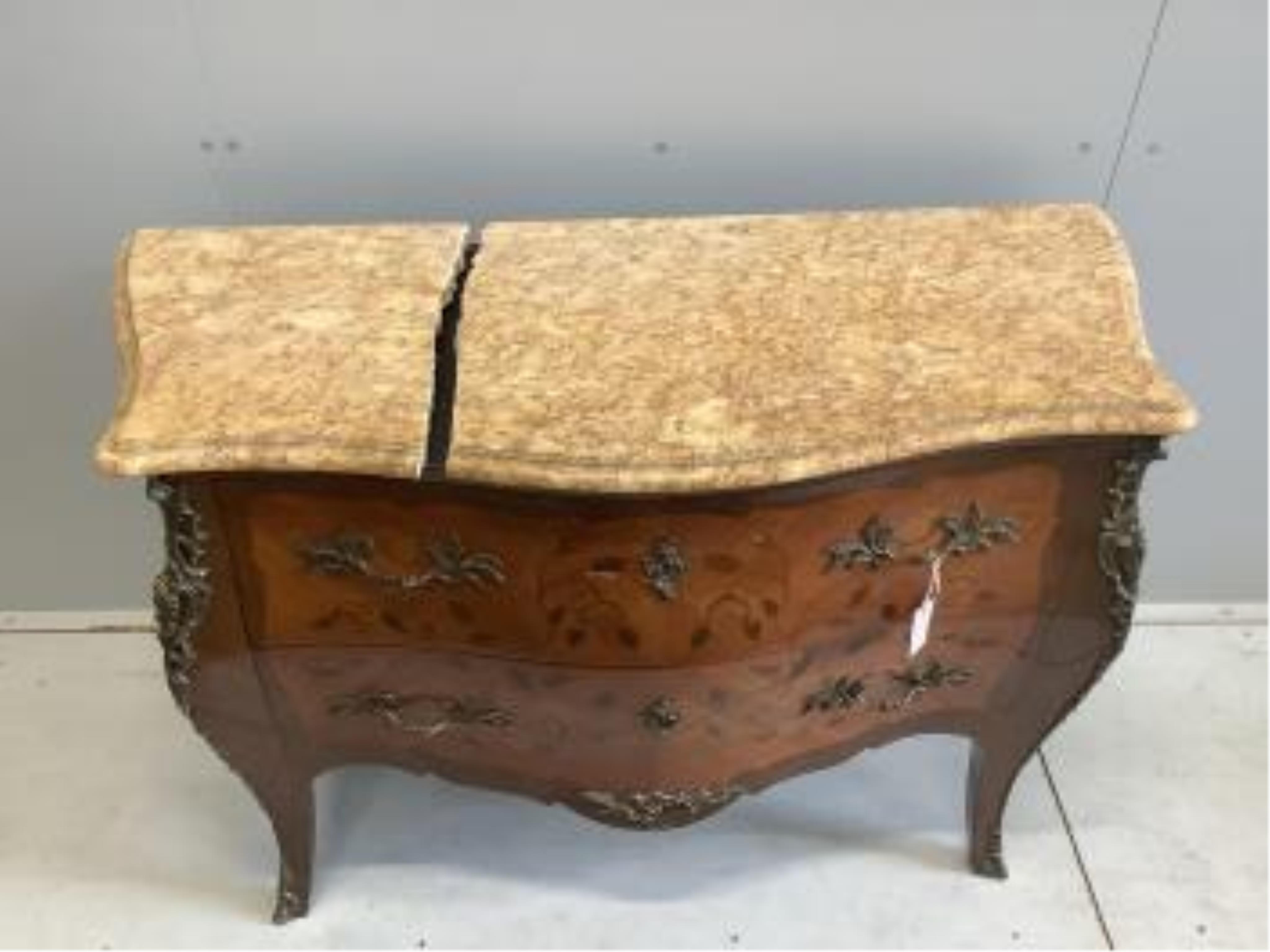 A Louis XVI style marquetry inlaid gilt metal mounted marble topped bombe commode, width 122cm, depth 51cm, height 86cm